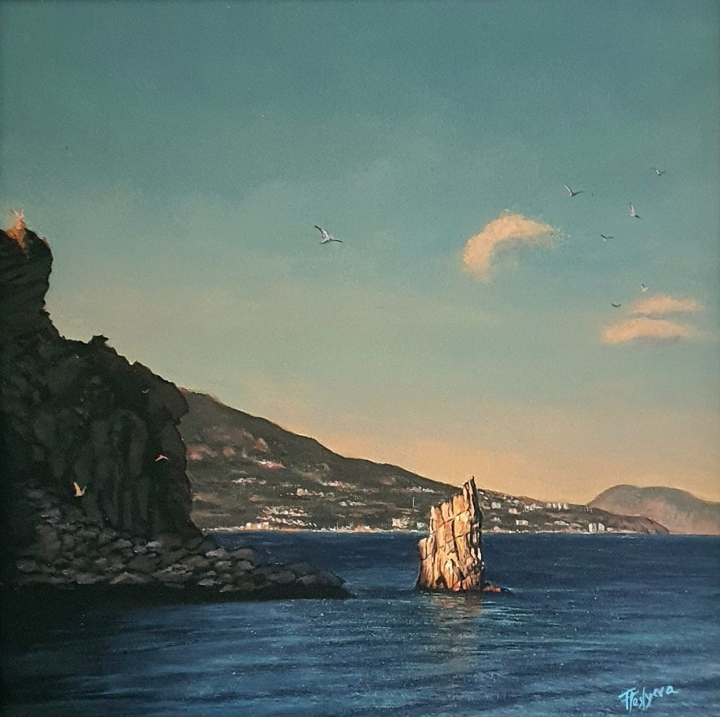 This is Crimea before — before the occupation, before everything changed. Warm memories, golden light settling on the cliffs, the sea calm and endless the way it always was in summer evenings like this one.

Parus Rock, standing quietly in the water the way it has for as long as anyone can remember — indifferent to borders, to politics, to everything except the tide and the light.

I painted this from memory, holding onto the Crimea I knew before it was taken. And I hold onto something else too — an unshaken belief that Crimea is, and will always be, Ukraine. One day I'll stand there again, not in memory, but in person, when Ukraine reclaims what's hers.