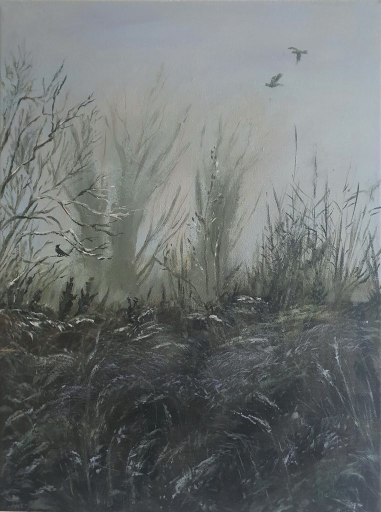 Year:2023
Acrylic on Canvas, 30×40 cm
My first winter in Ireland. Not much snow here, but the swing in temperature creates something almost fairytale-like — frost settling over everything, wrapped in a grey-blue mist that softens every edge.
The bare trees stand like silhouettes in the fog, frozen mid-breath. There's a stillness to it, a quiet I hadn't quite felt before — like the whole landscape had paused, just for that one morning.
The original painting has found its home in a private collection.