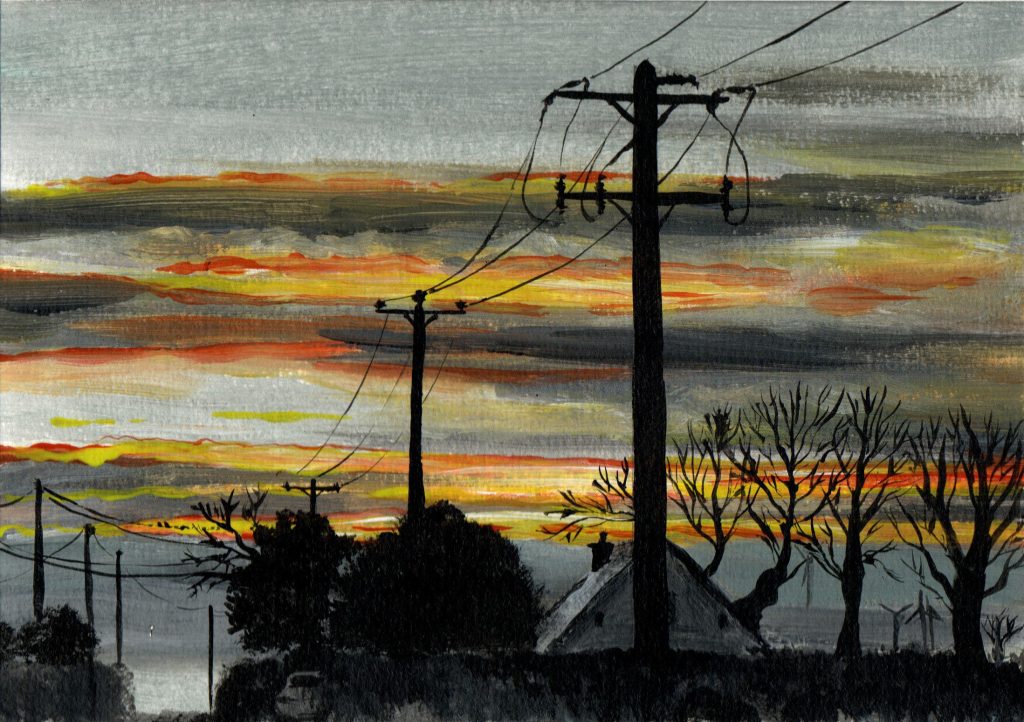 One of my first paintings in Ireland. A completely ordinary rural sunset, the kind you'd normally just drive past — but this one was worth stopping the car for, worth looking at properly.

It became a quiet reflection of something I was only beginning to understand: that living thousands of kilometres from home, you slowly, almost unexpectedly, start to feel a sense of belonging to this new place too. Not instead of home — alongside it.

The original painting is now part of a private collection.