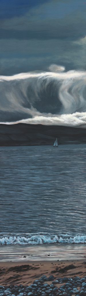 Fenit, on a cool day that stayed with me long after — dramatic clouds, and a single sailboat set against a sky that seemed to be holding its breath.
It felt like the moment just before something — the calm before, when everyone half-expects a storm. But the clouds and sky had other plans. They painted their own waves across the heavens instead, sky-borne and silent, and the storm that never came.
