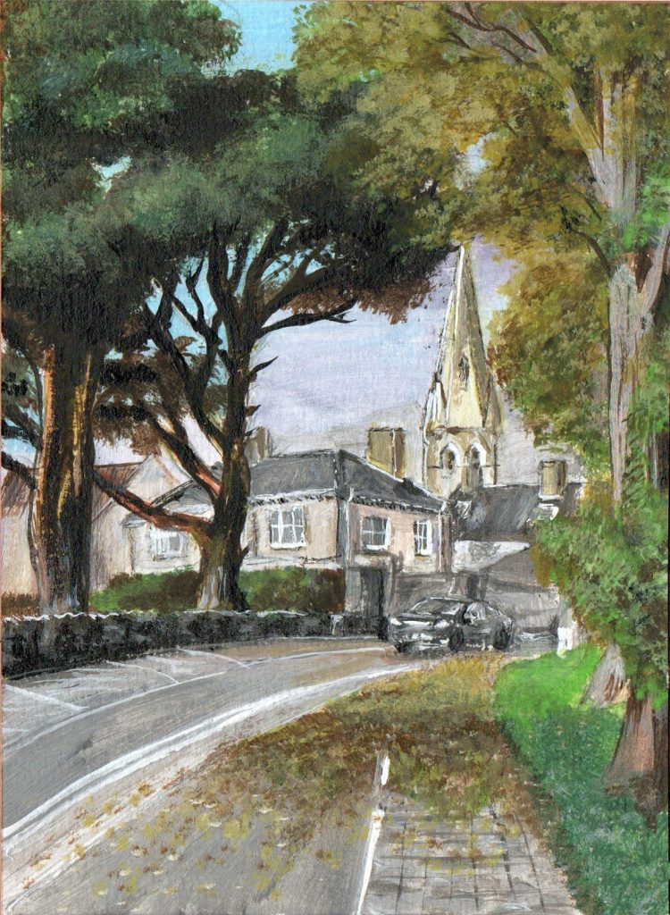 Year:2023
Acrylic on paper10X15 cm. We arrived in Kerry in June — a farmhouse near Listowel, everything new, still finding its shape.
One autumn day I stopped on Bridge Road and looked up. The church, the trees, the last of the golden light fading into grey, long shadows cutting across the trunks of those ancient giants lining the road into town. To the locals, it was just an ordinary street they'd walked a hundred times. To me, it was a painting waiting to happen.
There's something I keep coming back to — how familiarity can make us stop seeing. I was still seeing everything for the first time. That first autumn in Ireland taught me to look slowly.
The original painting is now part of a private collection.