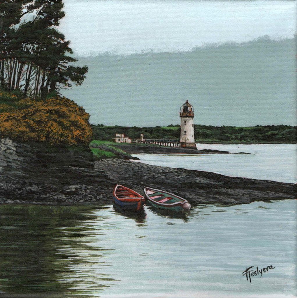 The idea for "Tarbert" came from a memory — warm but overcast, the air completely still. Tarbert is one of my favourite spots, exactly for that calm.
It's a small town where the car ferries leave for Co. Clare — and it was from the pier, right where the ferries depart, that I saw the lighthouse from this angle.
I've always found lighthouses quietly compelling — a little dreamy, even philosophical. Something about a small structure standing alone against all that water, holding its light steady no matter what — it feels like a quiet meditation on how we relate to something so much bigger than ourselves.
Painting small, detailed pieces like this is its own kind of pleasure. Like a favourite treat you don't swallow whole but savour slowly with good coffee — each little boat, every reflection on the water, worth lingering over until the painting starts to breathe.
The original painting was shown at my first solo exhibition, "The Place That Found Me," and sold on opening night.
