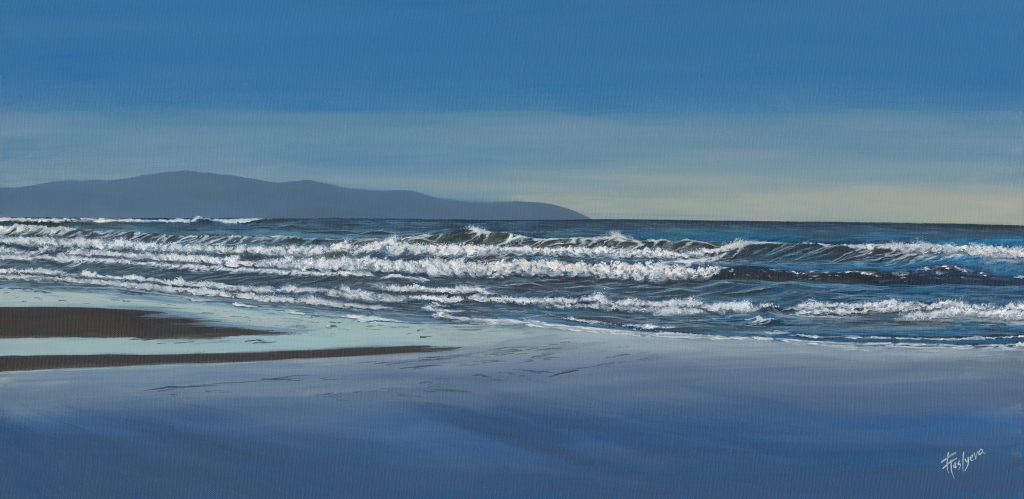 This painting takes me back to a winter memory — the local beach in Ballybunion, cold ocean, sun out, a bit of wind. The sand soaked through with cold water until it turned almost blue.
There's a particular magic to a winter ocean — clean sea air, and that feeling again of endless, open space stretching out in front of you.
The original painting was shown at my first solo exhibition, "The Place That Found Me," and sold on opening night.
